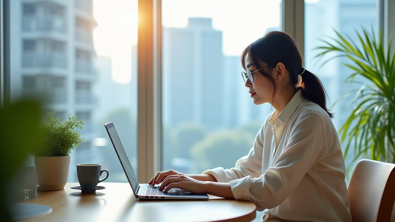 편안한 홈 오피스에서 노트북으로 일하는 사람의 모습